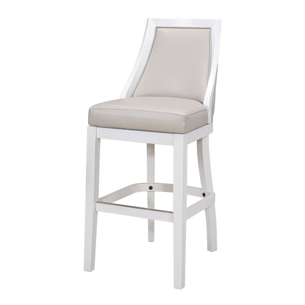 31" Gray And White Faux Leather And Solid Wood Bar Height Swivel Bar Chair HomeRoots