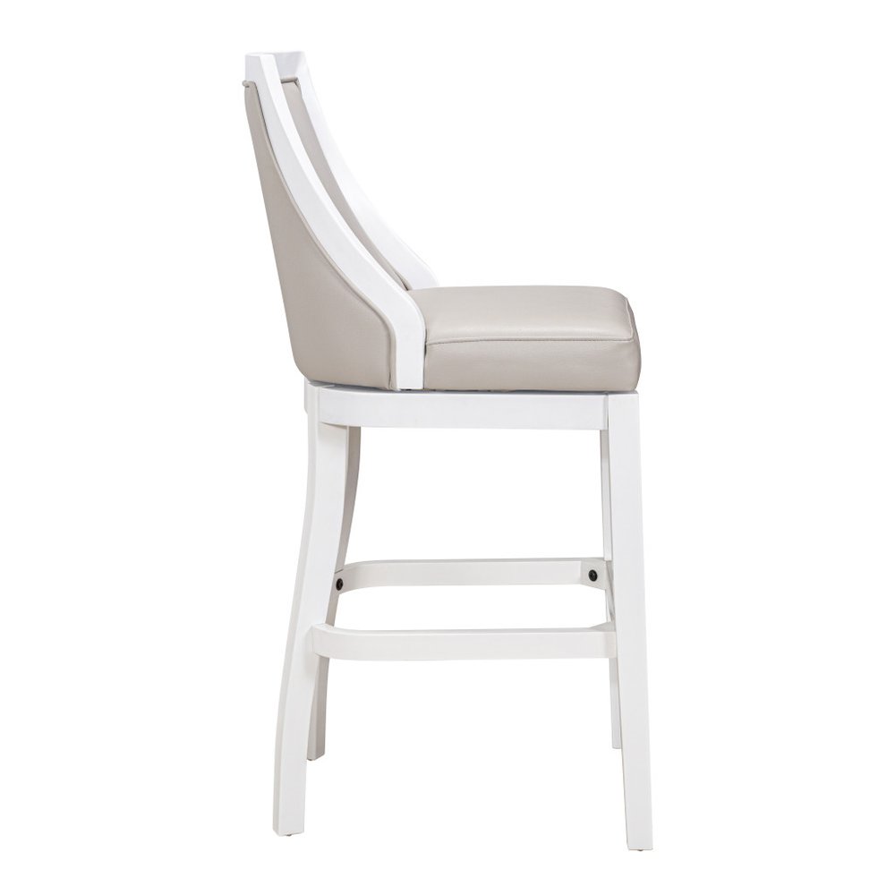 31" Gray And White Faux Leather And Solid Wood Bar Height Swivel Bar Chair HomeRoots