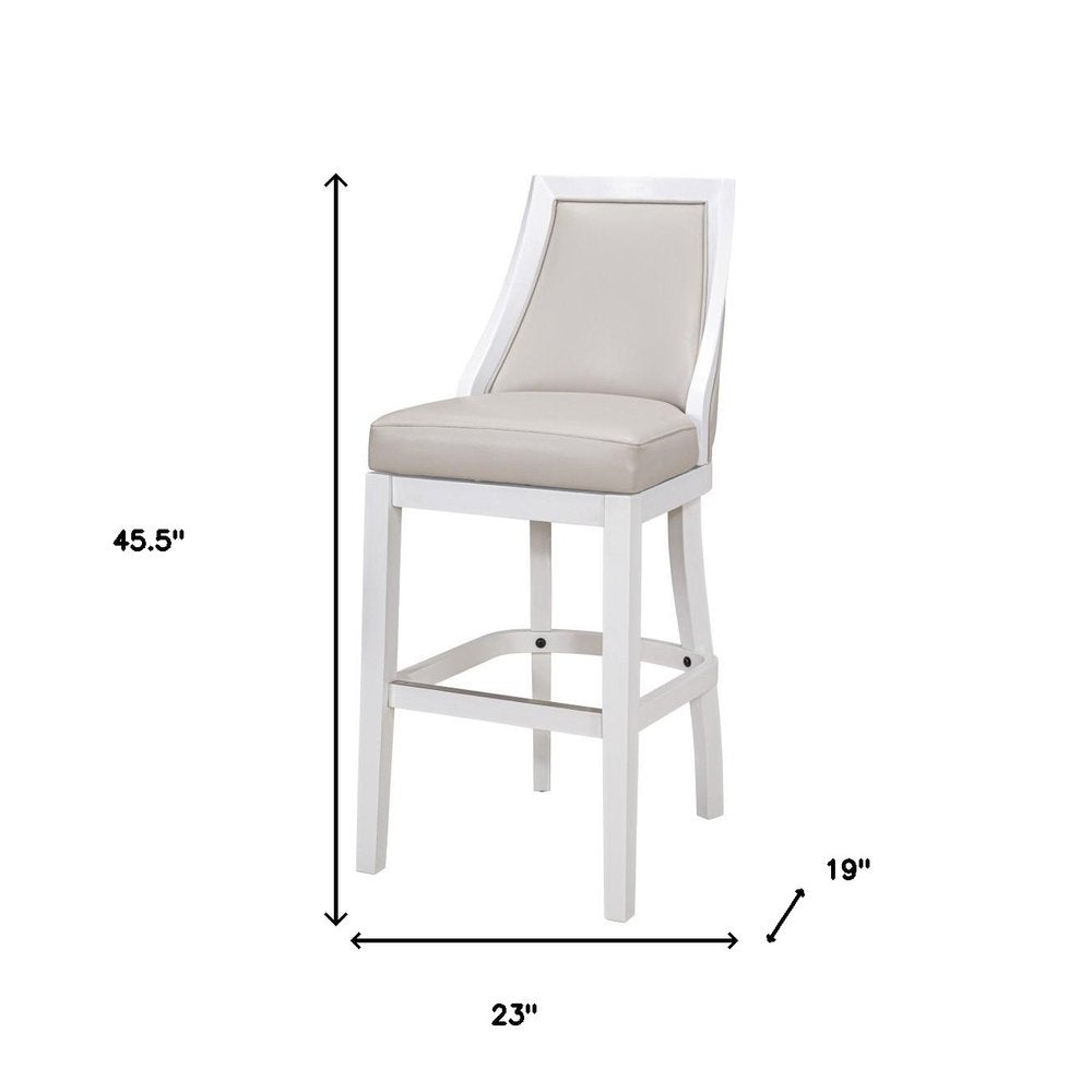 31" Gray And White Faux Leather And Solid Wood Bar Height Swivel Bar Chair HomeRoots