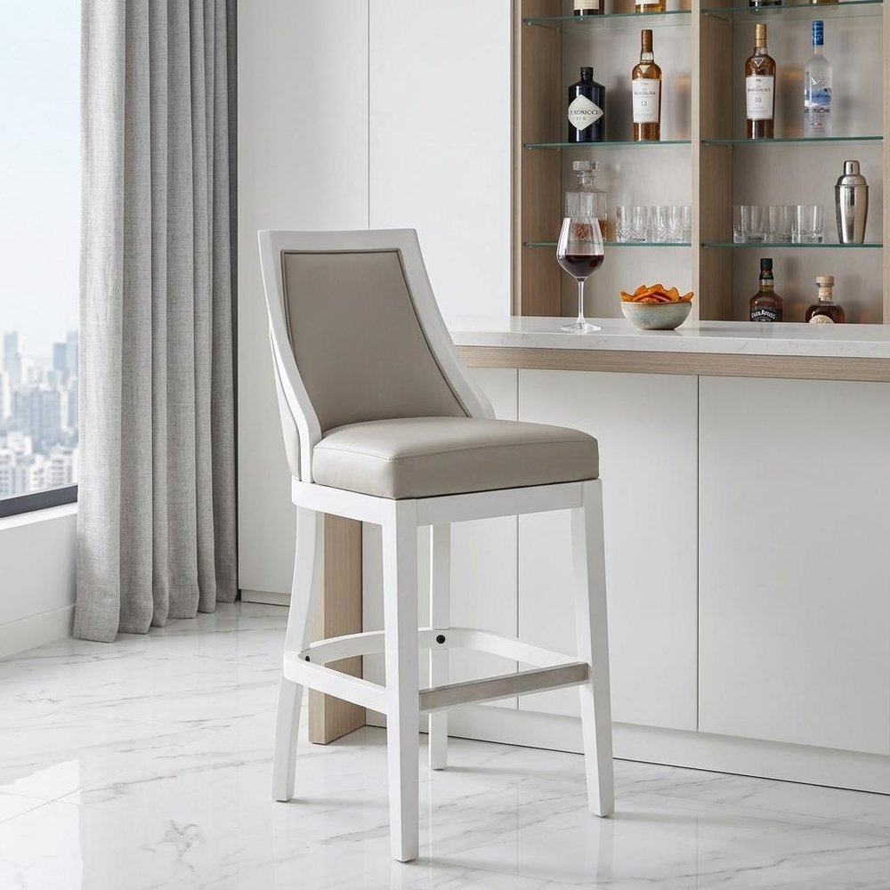 31" Gray And White Faux Leather And Solid Wood Bar Height Swivel Bar Chair HomeRoots