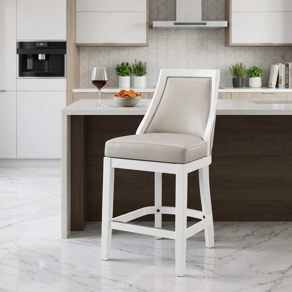 26" Gray And White Faux Leather And Solid Wood Counter Height Swivel Bar Chair HomeRoots