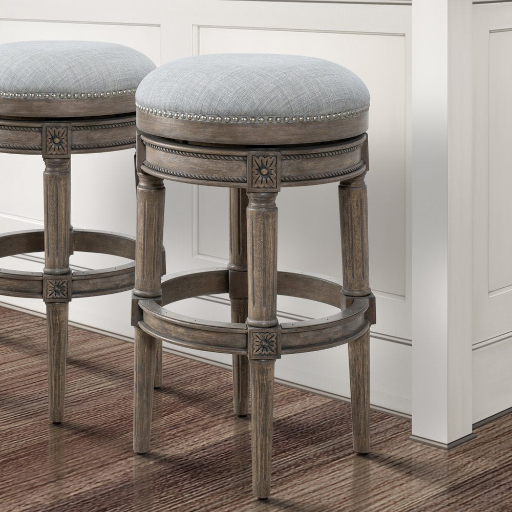 31" Gray Fabric And Solid Wood Backless Bar Height Swivel Bar Chair HomeRoots