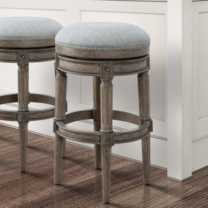 31" Gray Fabric And Solid Wood Backless Bar Height Swivel Bar Chair HomeRoots