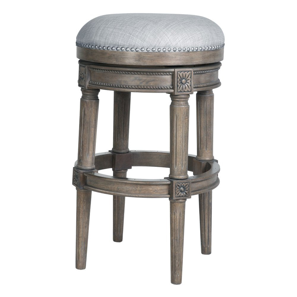 31" Gray Fabric And Solid Wood Backless Bar Height Swivel Bar Chair HomeRoots