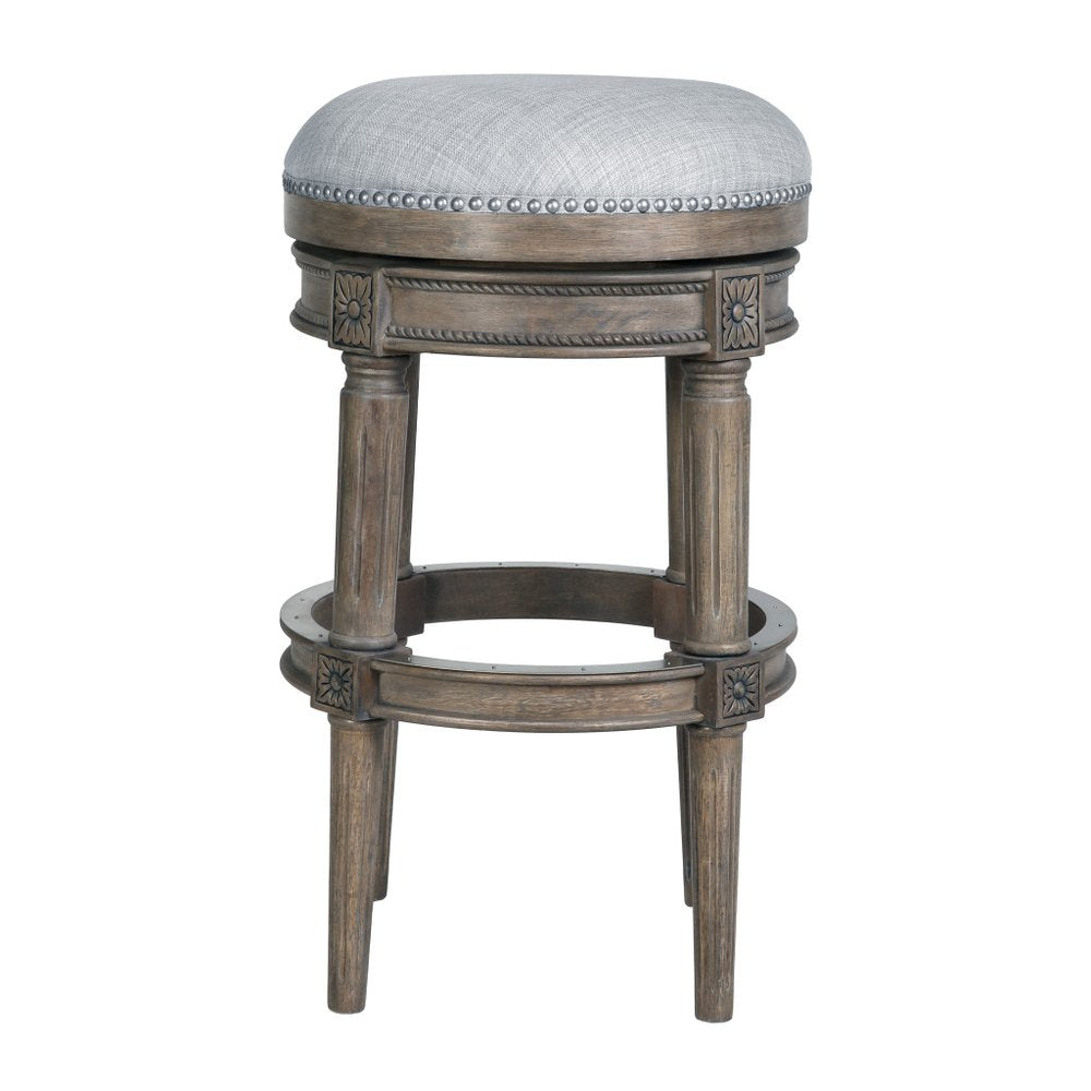 31" Gray Fabric And Solid Wood Backless Bar Height Swivel Bar Chair HomeRoots