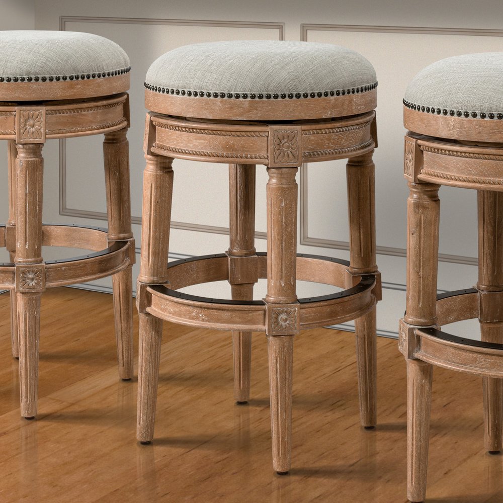 31" Beige And Natural Fabric And Solid Wood Backless Bar Height Swivel Bar Chair HomeRoots