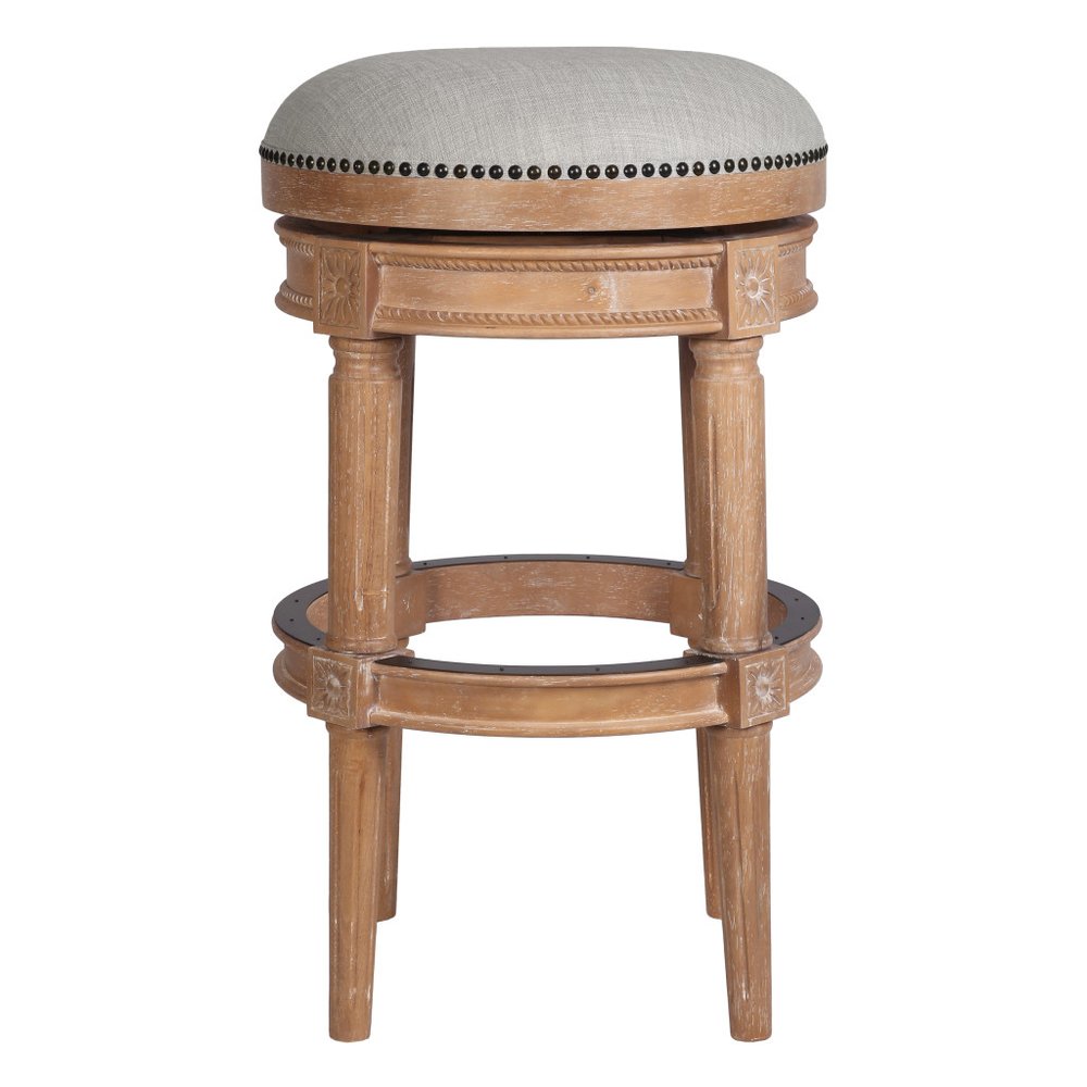 31" Beige And Natural Fabric And Solid Wood Backless Bar Height Swivel Bar Chair HomeRoots