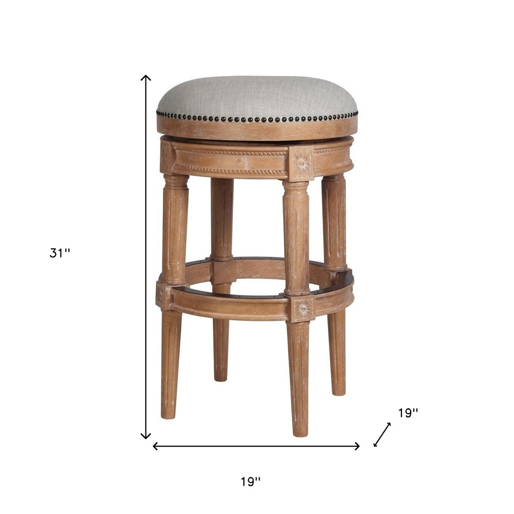 31" Beige And Natural Fabric And Solid Wood Backless Bar Height Swivel Bar Chair HomeRoots