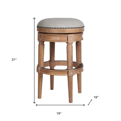 31" Beige And Natural Fabric And Solid Wood Backless Bar Height Swivel Bar Chair HomeRoots