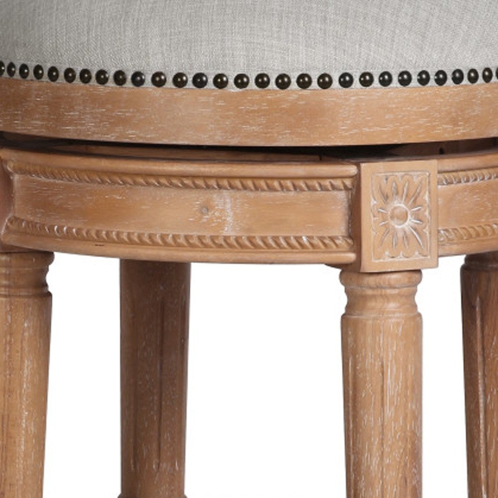 31" Beige And Natural Fabric And Solid Wood Backless Bar Height Swivel Bar Chair HomeRoots