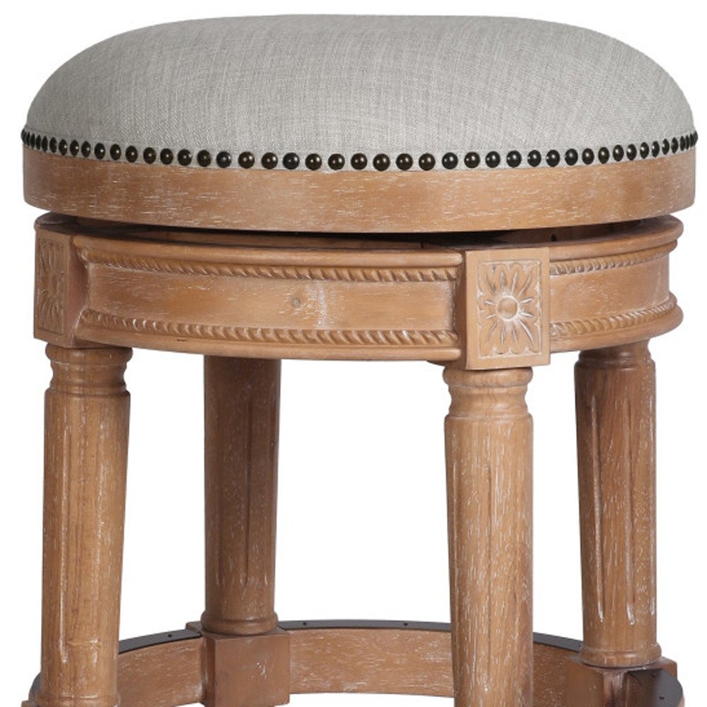 31" Beige And Natural Fabric And Solid Wood Backless Bar Height Swivel Bar Chair HomeRoots