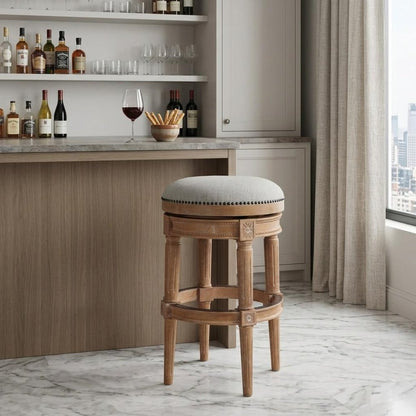 31" Beige And Natural Fabric And Solid Wood Backless Bar Height Swivel Bar Chair HomeRoots