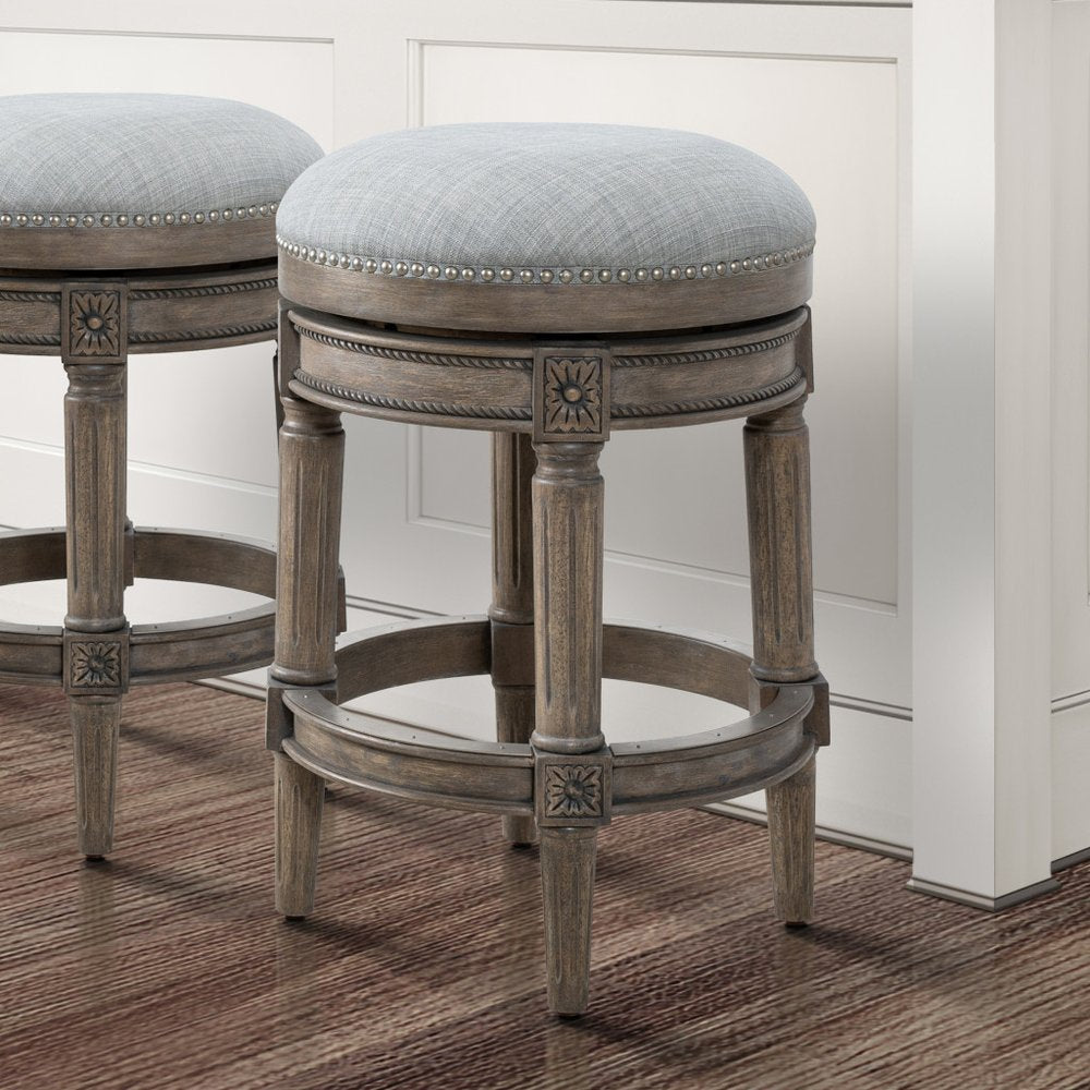 26" Gray Fabric And Solid Wood Backless Counter Height Swivel Bar Chair HomeRoots