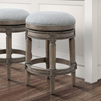 26" Gray Fabric And Solid Wood Backless Counter Height Swivel Bar Chair HomeRoots