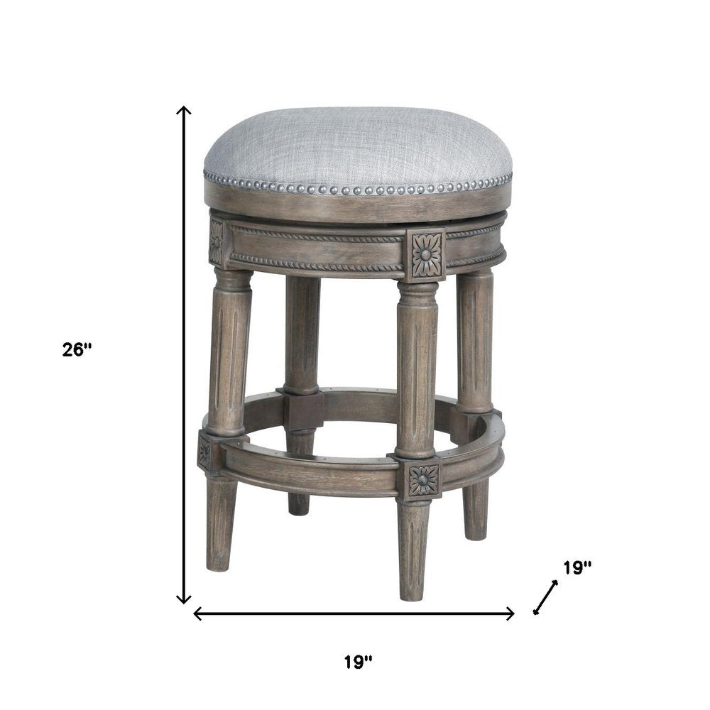 26" Gray Fabric And Solid Wood Backless Counter Height Swivel Bar Chair HomeRoots