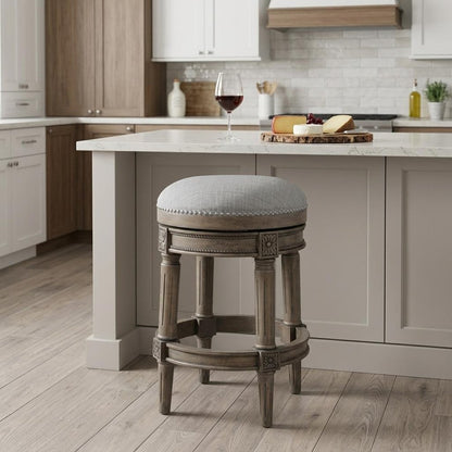 26" Gray Fabric And Solid Wood Backless Counter Height Swivel Bar Chair HomeRoots