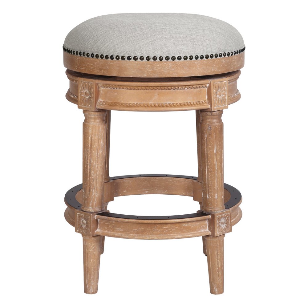26" Beige And Natural Fabric And Solid Wood Backless Counter Height Swivel Bar Chair HomeRoots
