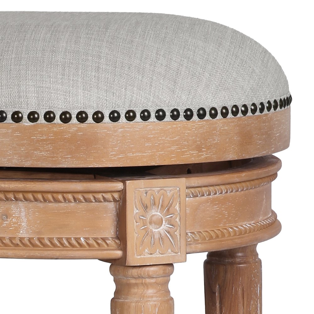 26" Beige And Natural Fabric And Solid Wood Backless Counter Height Swivel Bar Chair HomeRoots
