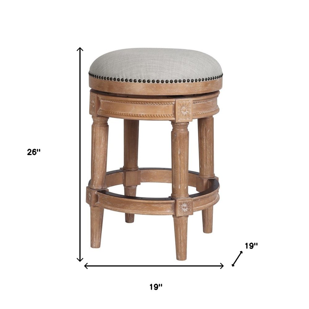 26" Beige And Natural Fabric And Solid Wood Backless Counter Height Swivel Bar Chair HomeRoots