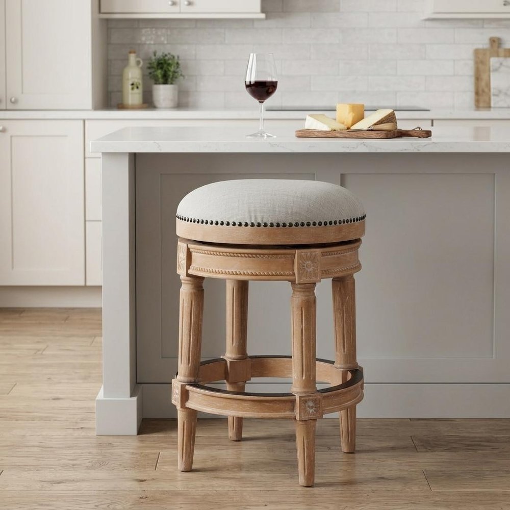 26" Beige And Natural Fabric And Solid Wood Backless Counter Height Swivel Bar Chair HomeRoots