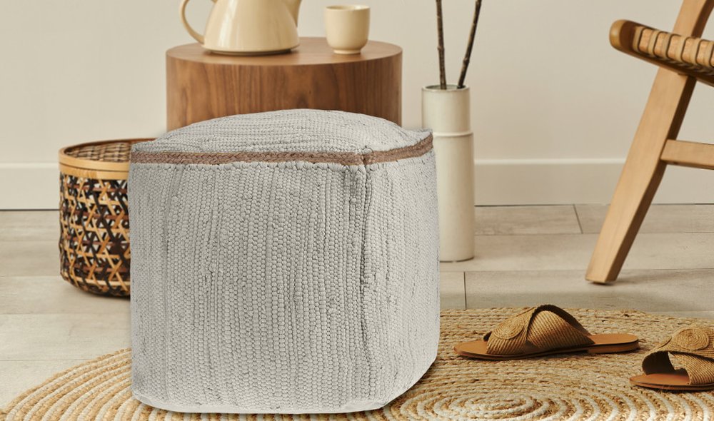 18" Gray and Natural Cotton And Jute Cube Pouf Ottoman HomeRoots
