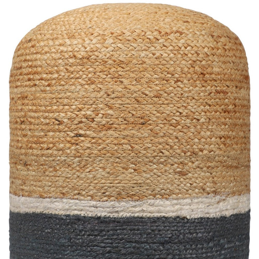 18" Natural And Gray Jute Blend Cylinder Striped Pouf Ottoman HomeRoots