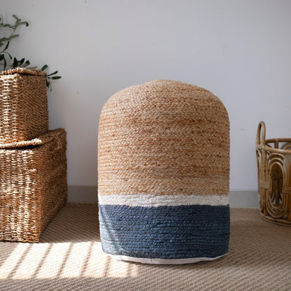 18" Natural And Gray Jute Blend Cylinder Striped Pouf Ottoman HomeRoots
