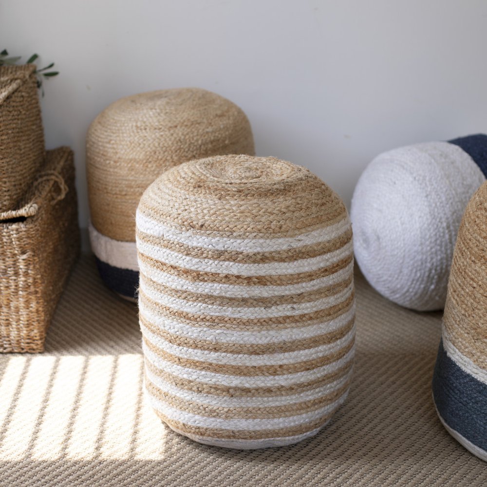 18" Natural And Gray Jute Blend Cylinder Striped Pouf Ottoman HomeRoots