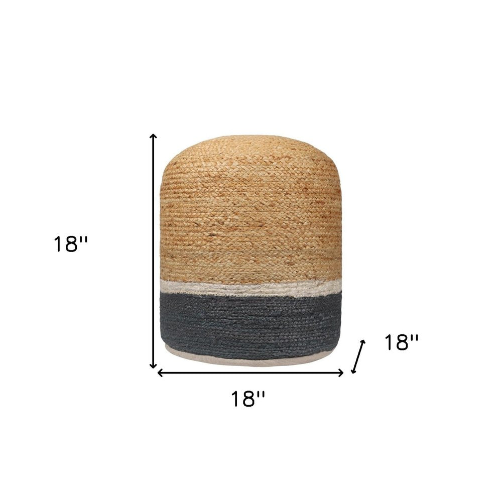18" Natural And Gray Jute Blend Cylinder Striped Pouf Ottoman HomeRoots