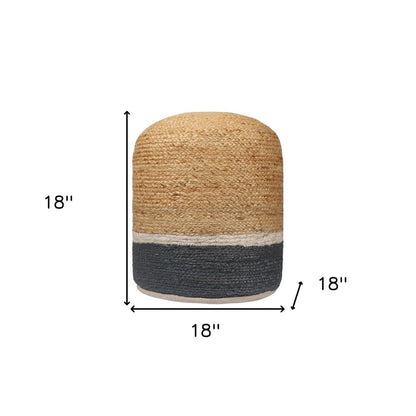 18" Natural And Gray Jute Blend Cylinder Striped Pouf Ottoman HomeRoots