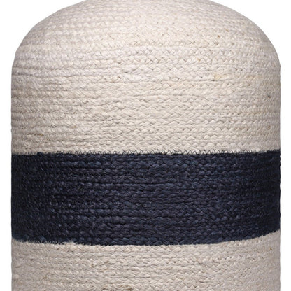 18" Off White and Navy Blue Jute Blend Striped Cylinder Pouf Ottoman HomeRoots