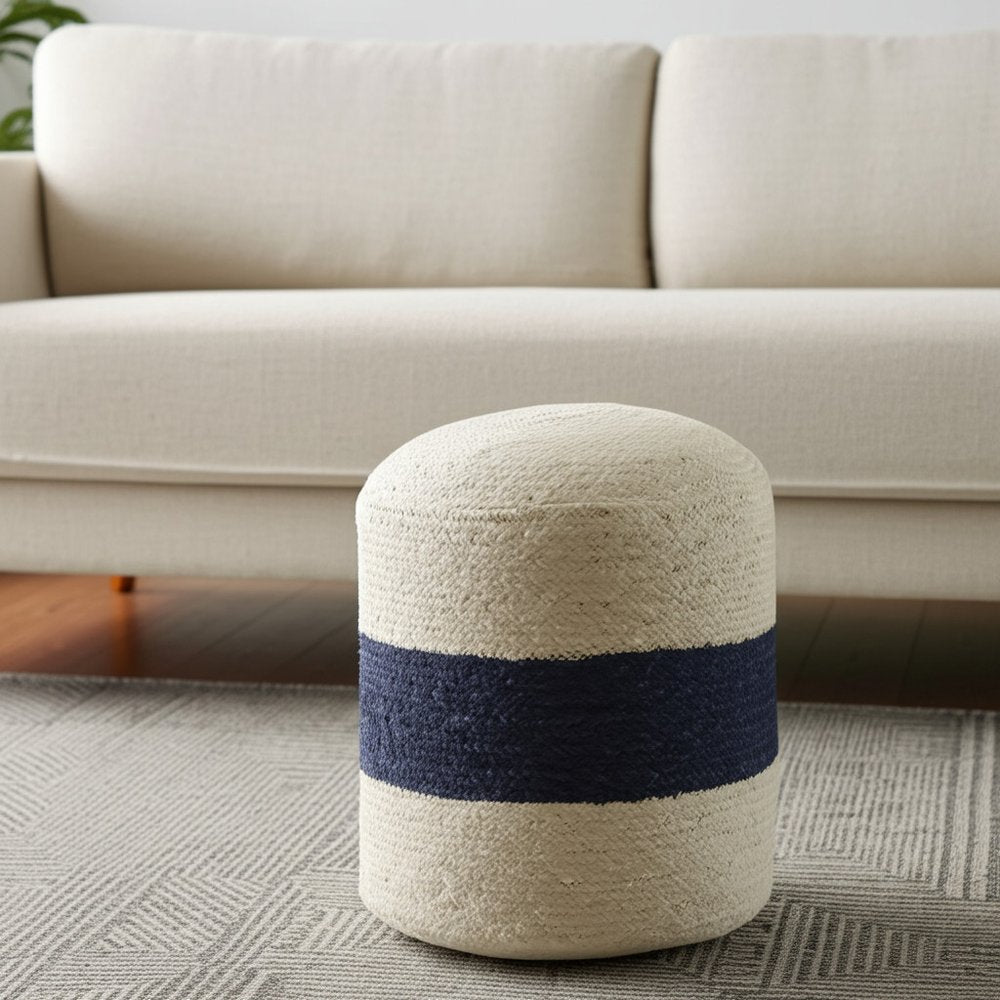 18" Off White and Navy Blue Jute Blend Striped Cylinder Pouf Ottoman HomeRoots