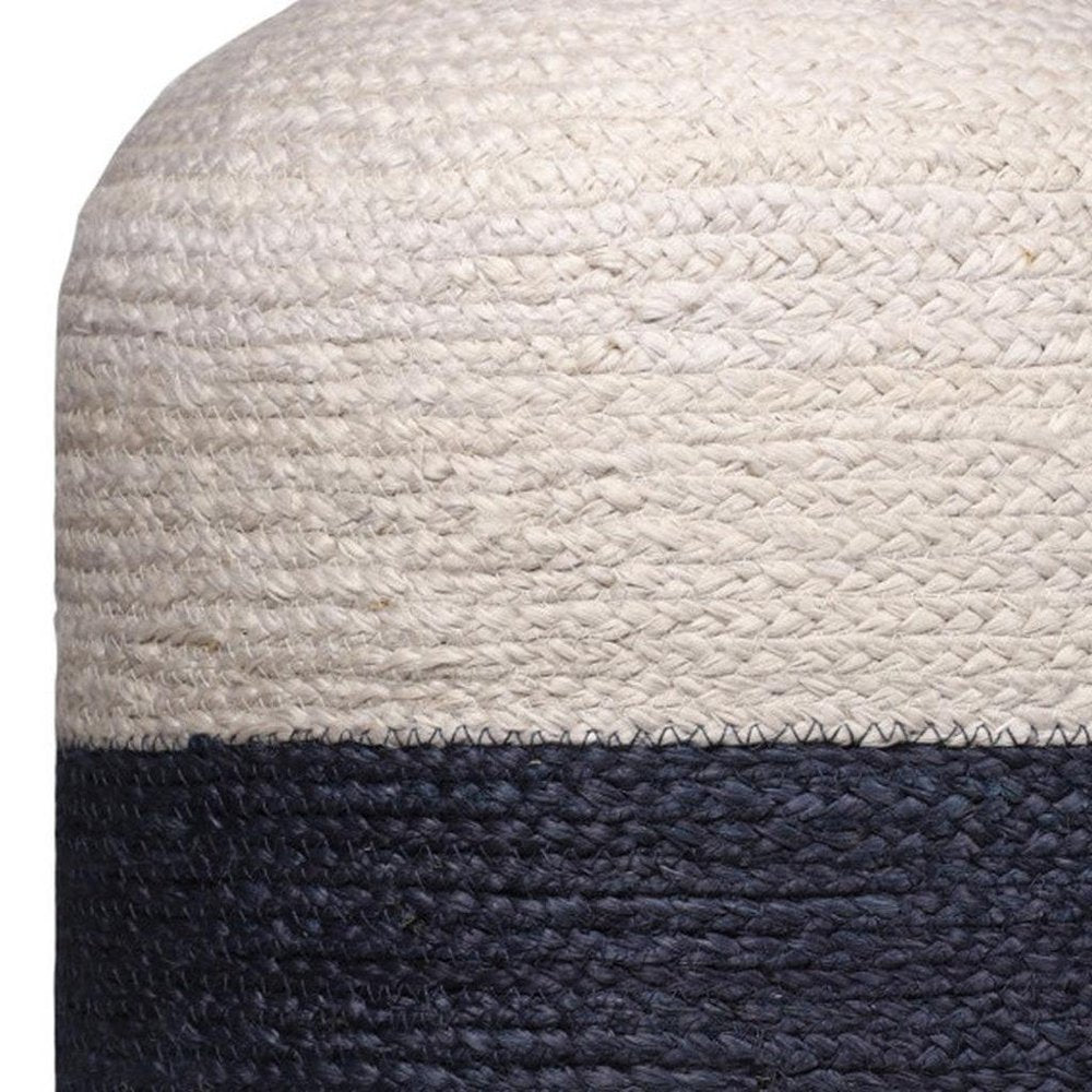 18" Off White and Navy Blue Jute Blend Striped Cylinder Pouf Ottoman HomeRoots