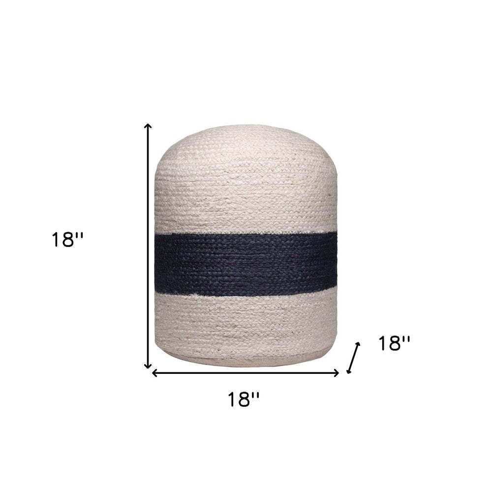 18" Off White and Navy Blue Jute Blend Striped Cylinder Pouf Ottoman HomeRoots