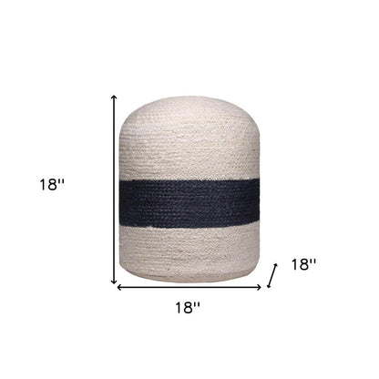 18" Off White and Navy Blue Jute Blend Striped Cylinder Pouf Ottoman HomeRoots