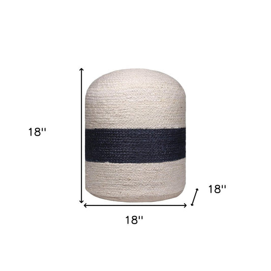 18" Off White and Navy Blue Jute Blend Striped Cylinder Pouf Ottoman HomeRoots