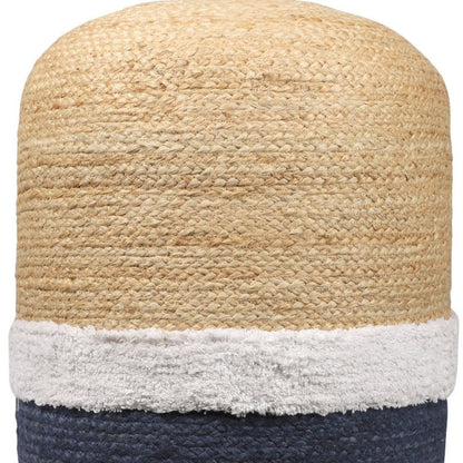 18" Natural And Navy Blue Jute Blend Cylinder Striped Pouf Ottoman HomeRoots