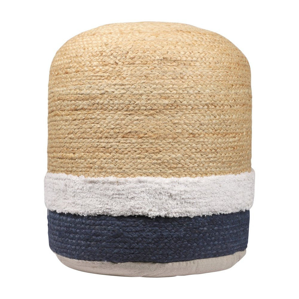 18" Natural And Navy Blue Jute Blend Cylinder Striped Pouf Ottoman HomeRoots