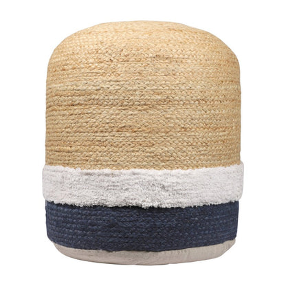 18" Natural And Navy Blue Jute Blend Cylinder Striped Pouf Ottoman HomeRoots