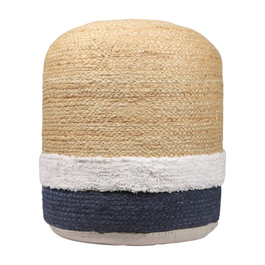 18" Natural And Navy Blue Jute Blend Cylinder Striped Pouf Ottoman HomeRoots