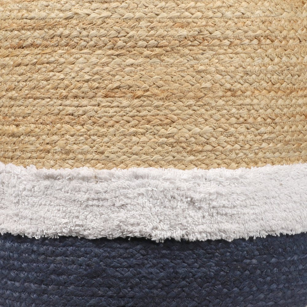 18" Natural And Navy Blue Jute Blend Cylinder Striped Pouf Ottoman HomeRoots