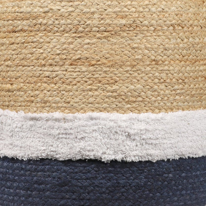 18" Natural And Navy Blue Jute Blend Cylinder Striped Pouf Ottoman HomeRoots