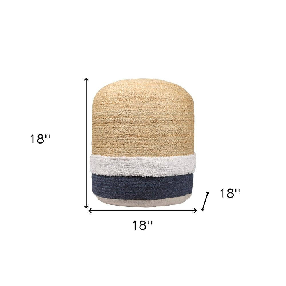 18" Natural And Navy Blue Jute Blend Cylinder Striped Pouf Ottoman HomeRoots