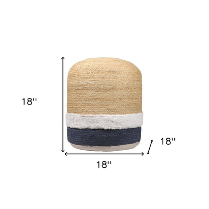 18" Natural And Navy Blue Jute Blend Cylinder Striped Pouf Ottoman HomeRoots