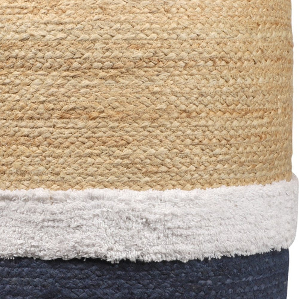 18" Natural And Navy Blue Jute Blend Cylinder Striped Pouf Ottoman HomeRoots