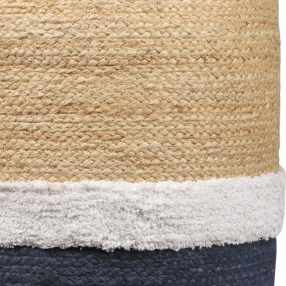 18" Natural And Navy Blue Jute Blend Cylinder Striped Pouf Ottoman HomeRoots