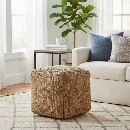 18" Natural Jute Woven Blend Cube Pouf Ottoman HomeRoots