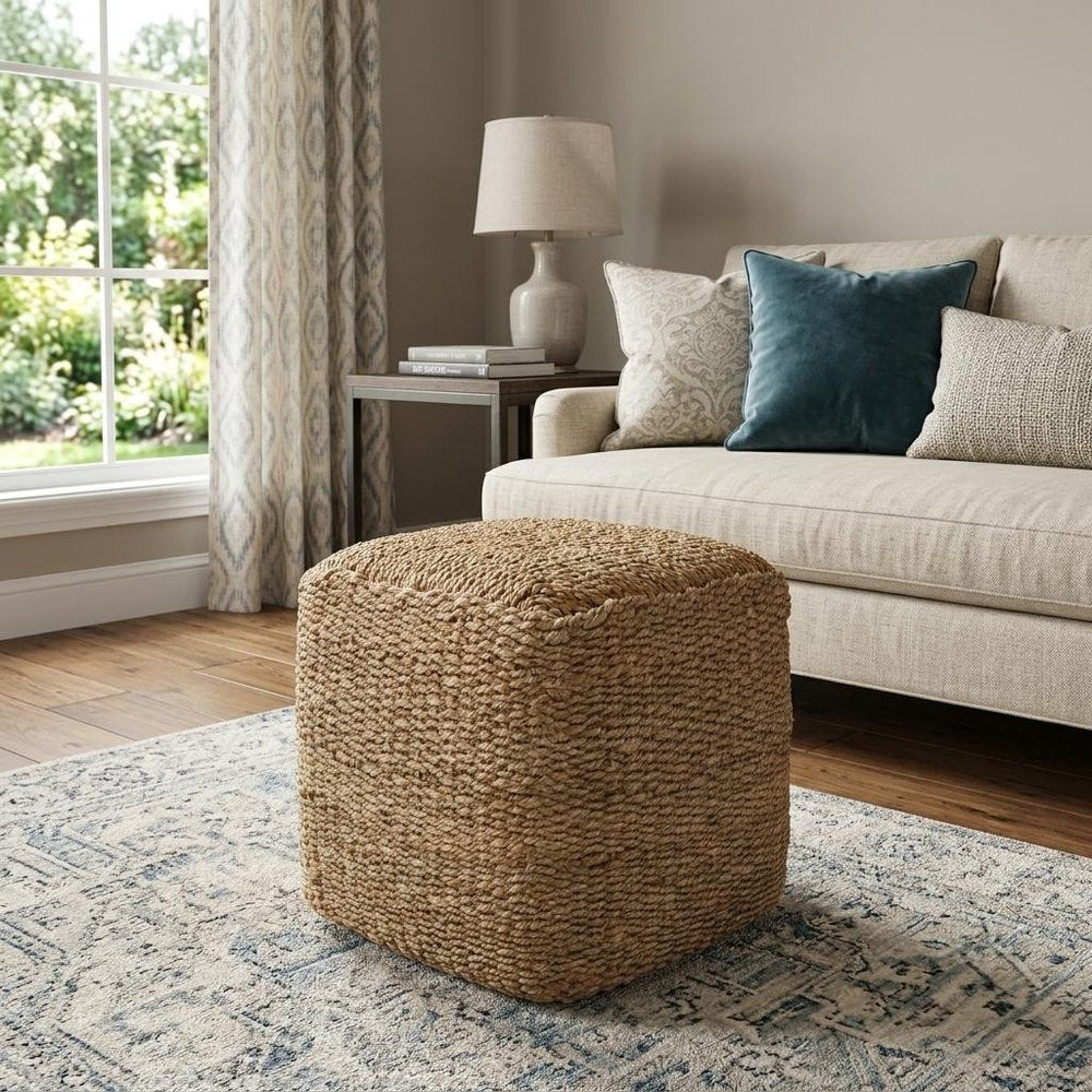 18" Natural Jute Woven Blend Cube Pouf Ottoman HomeRoots
