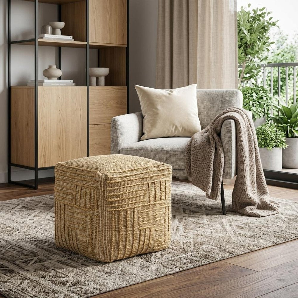 18" Natural Jute Blend Cube Striped Pouf Ottoman HomeRoots