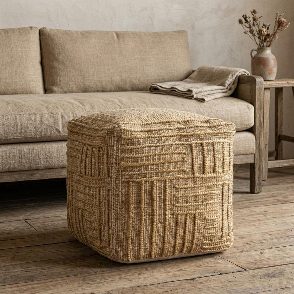 18" Natural Jute Blend Cube Striped Pouf Ottoman — view 6